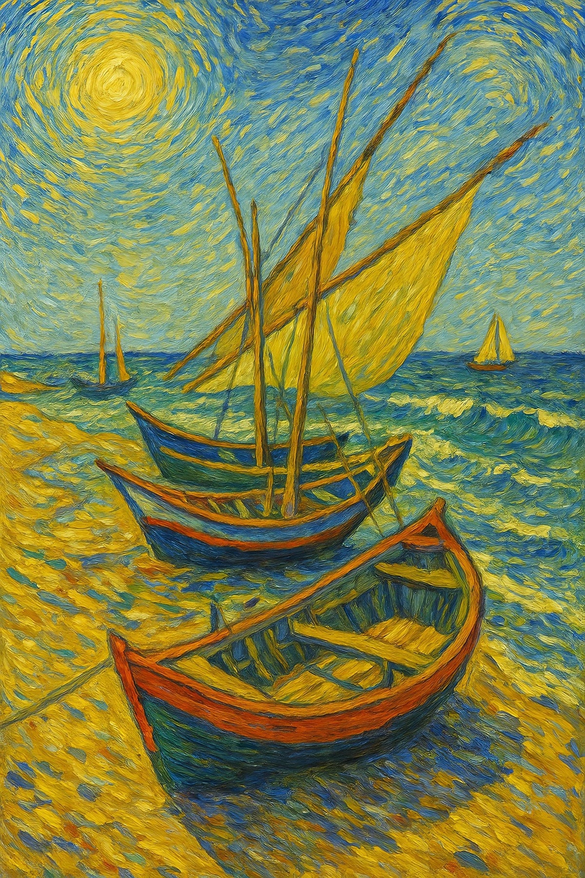 Cuadro impresionista con veleros al sol - la obra