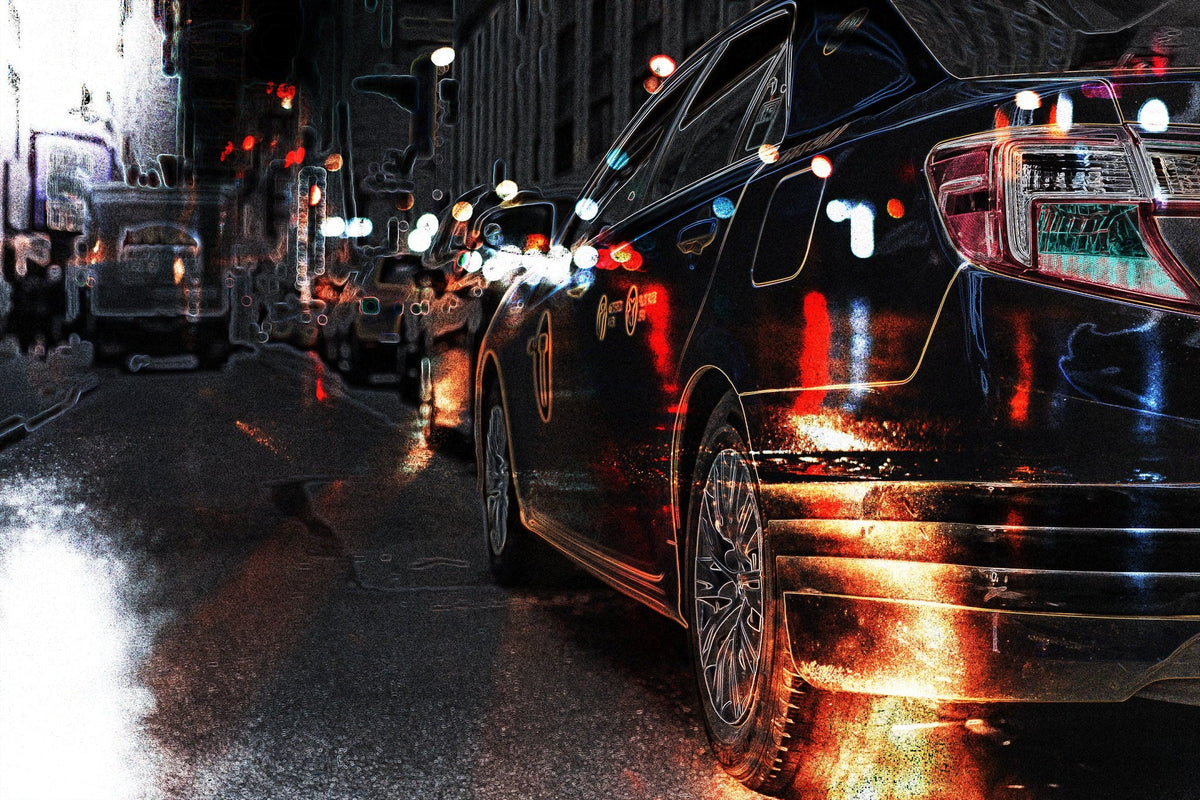 Cuadro urbano nocturno con coche y rojos - la obra
