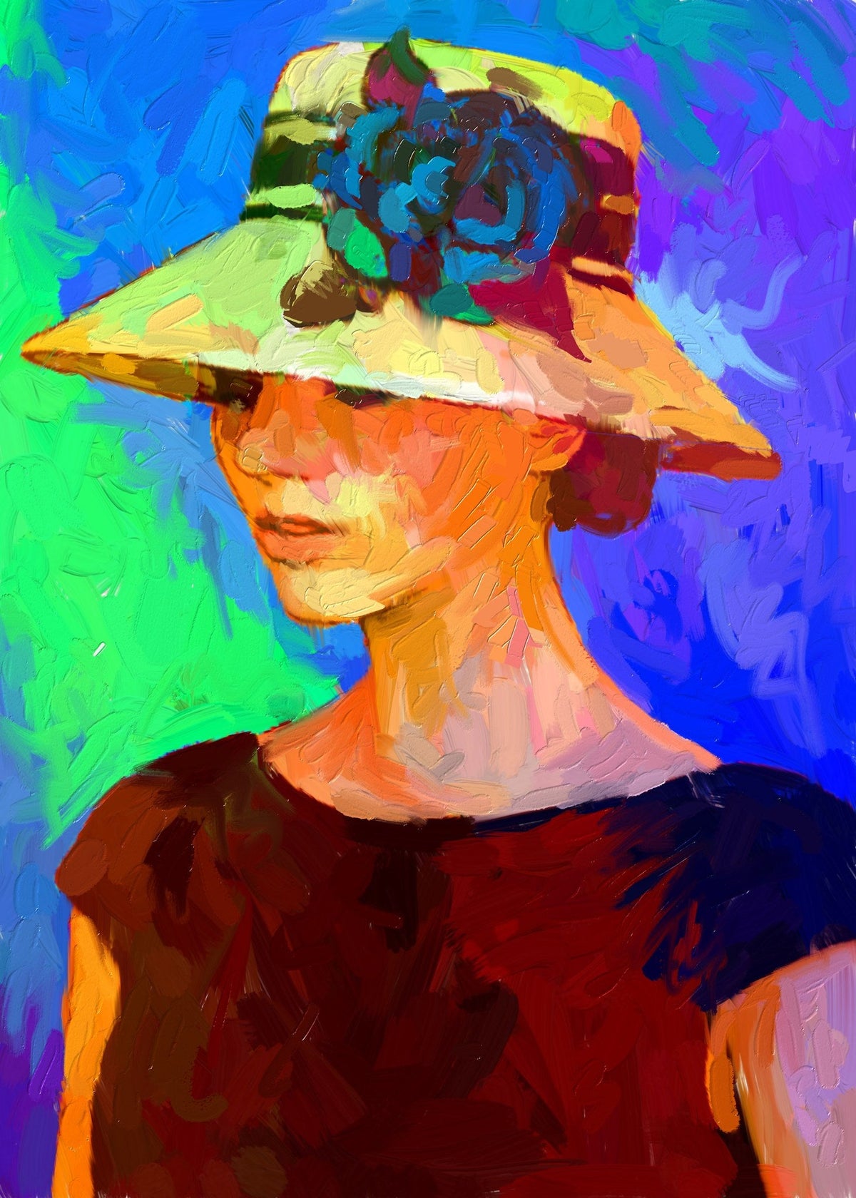Cuadro impresionista de mujer con sombrero - la obra
