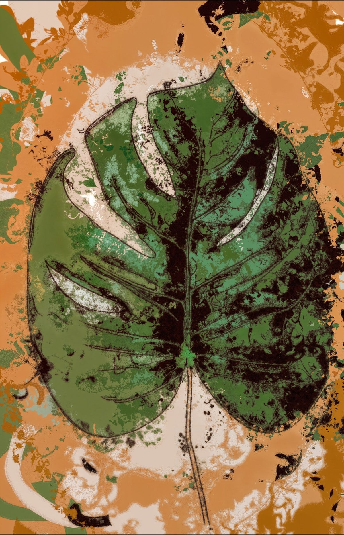 Cuadro étnico hoja verde y fondo cálido - la obra