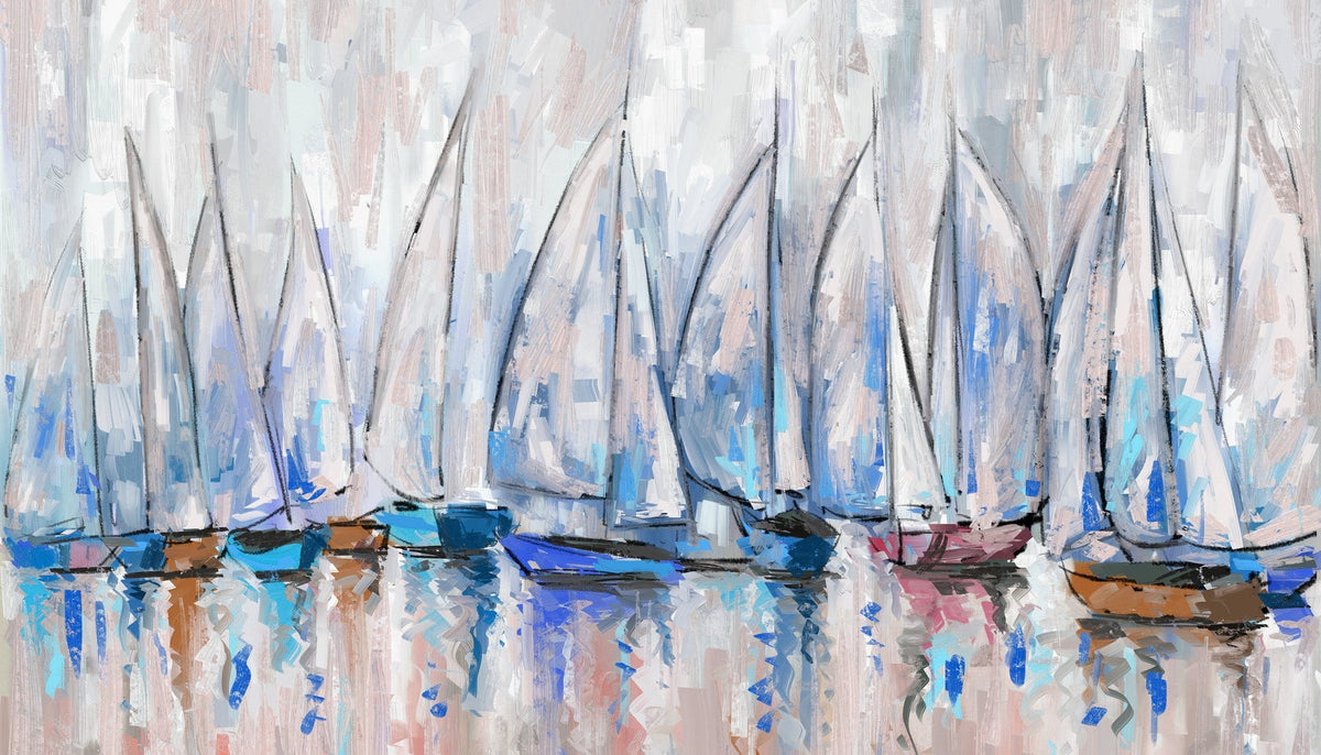 Cuadro de marina con veleros en azules - la obra