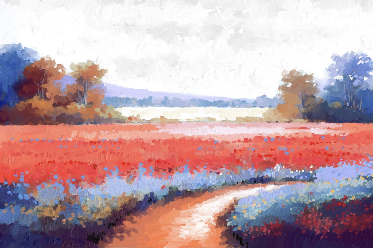 Cuadro de paisaje campestre flores rojas - la obra