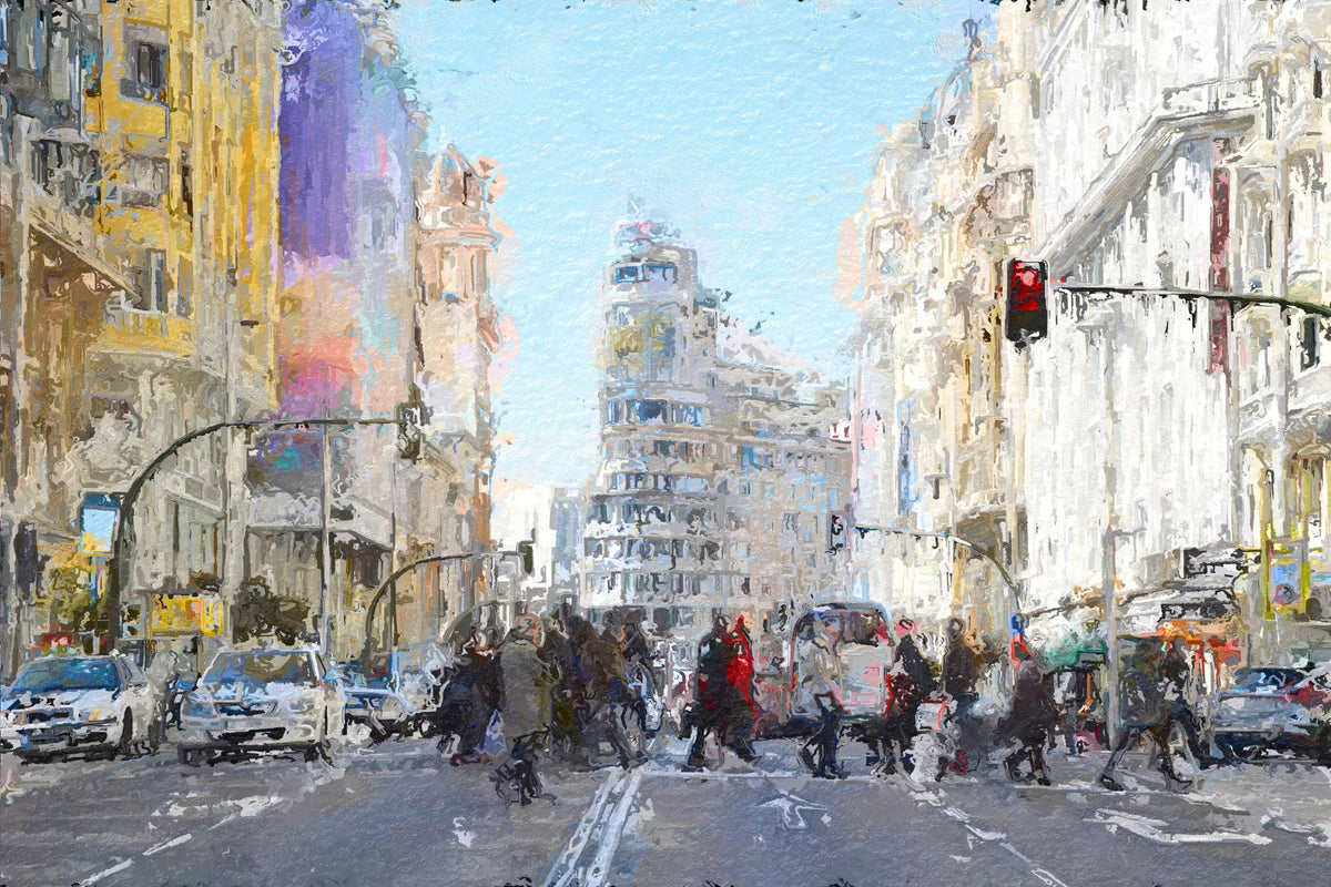 Cuadro figuras cruzando Gran Vía de Madrid - la obra