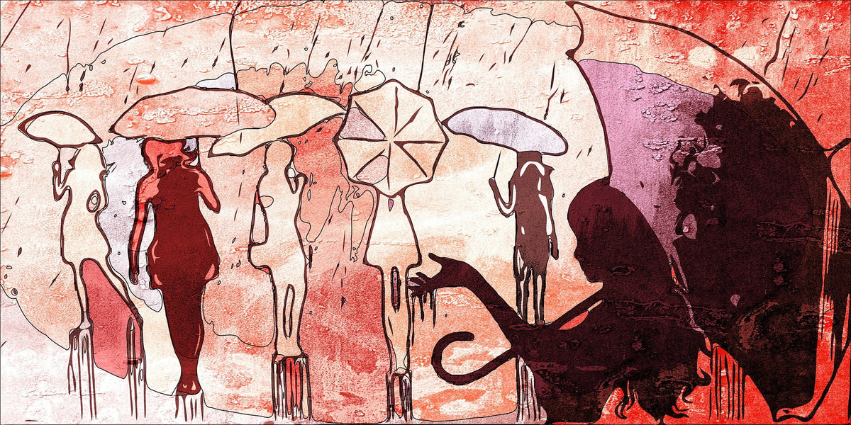 Cuadro figurativo de mujeres con paraguas - la obra