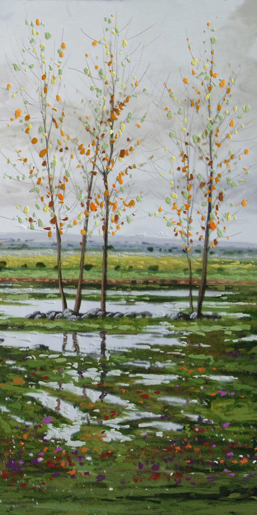 Cuadro de paisaje con árboles y charcos - la obra