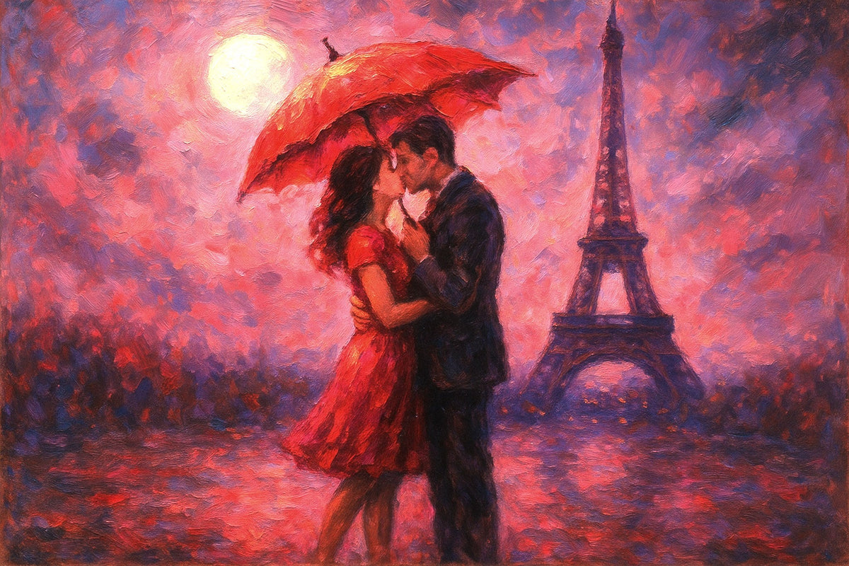 Cuadro pareja enamorados con paraguas en París - la obra