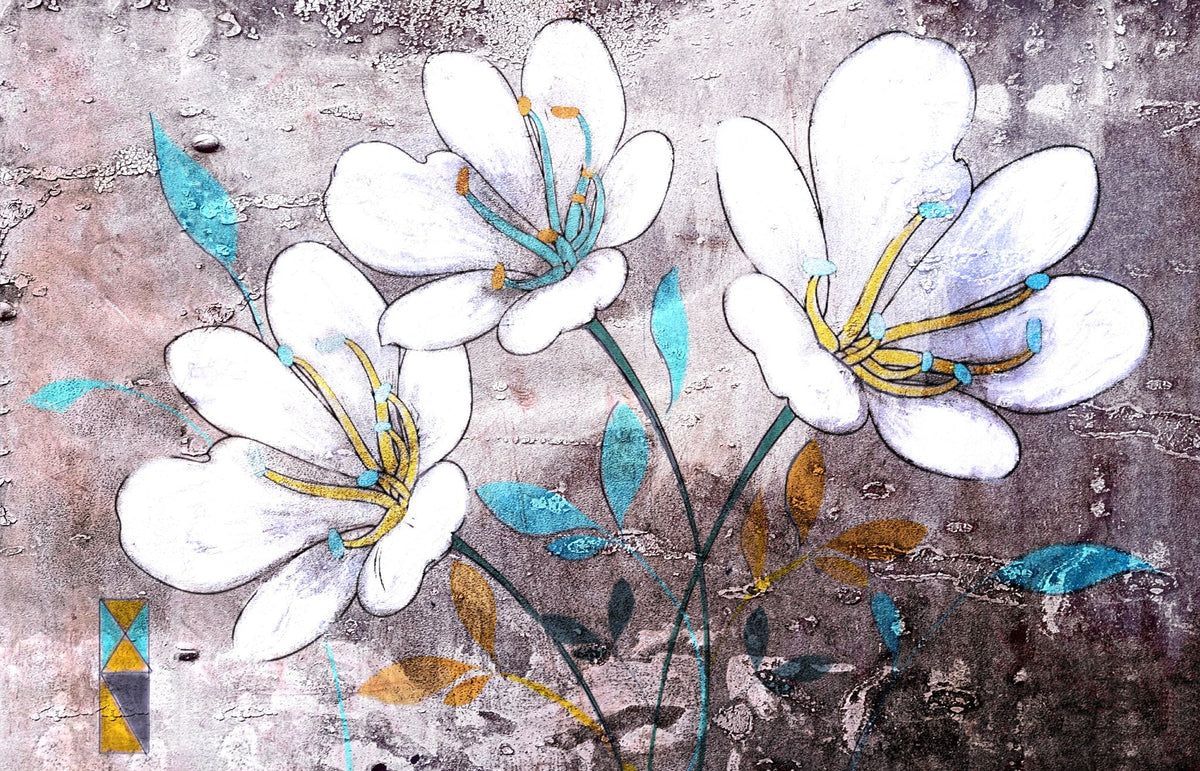 Cuadro de flores en blanco, amarillo y turquesa - la obra
