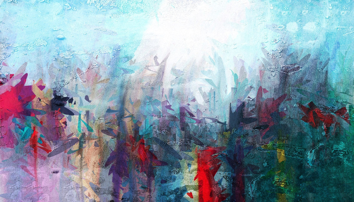 Cuadro abstracto de flores en azul y rojo - la obra