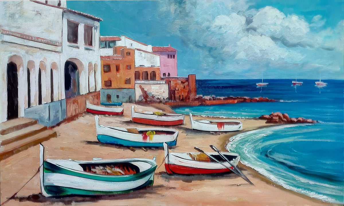 Cuadro marina con barcas en la playa - la obra