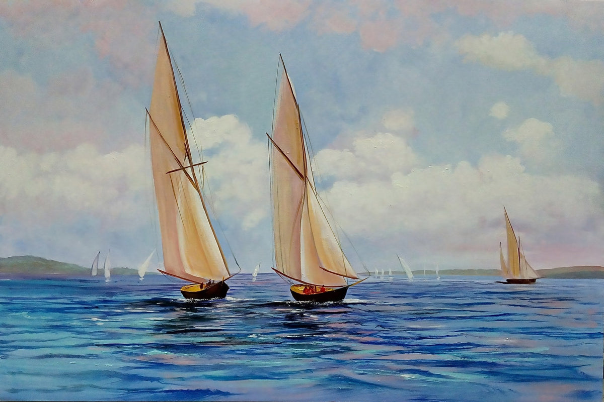 Cuadro de marina azul con veleros - la obra