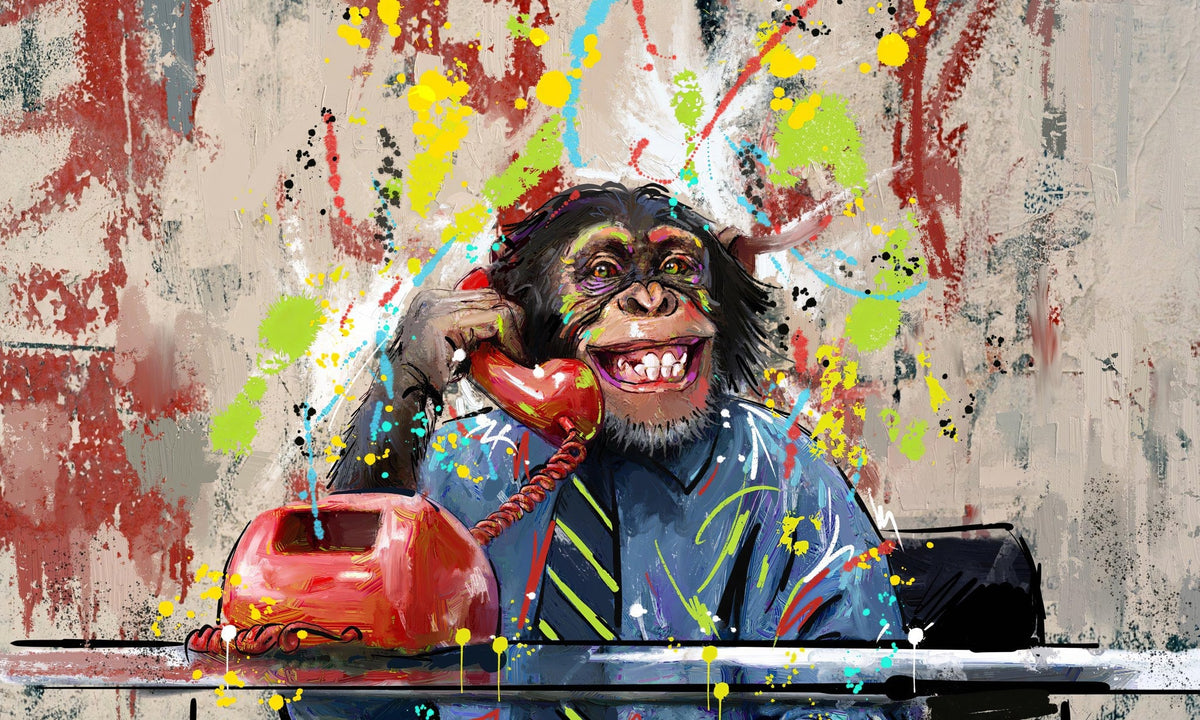 Cuadro de chimpancé con teléfono rojo - la obra