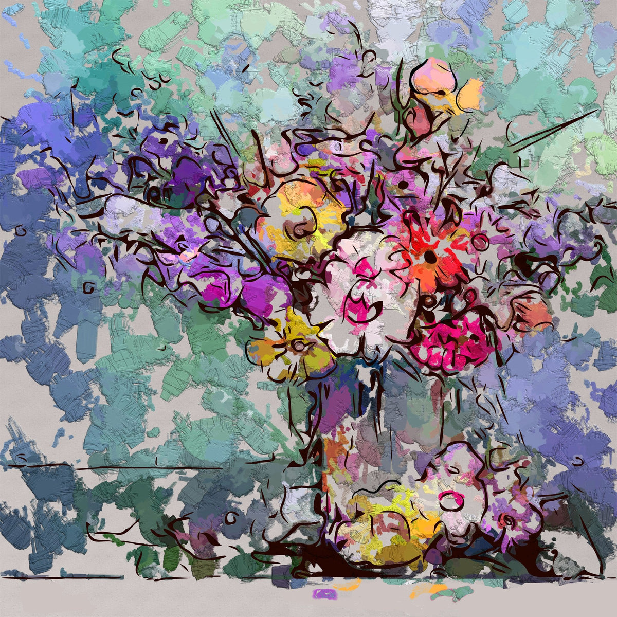 Cuadro de flores y textura en jarrón - la obra