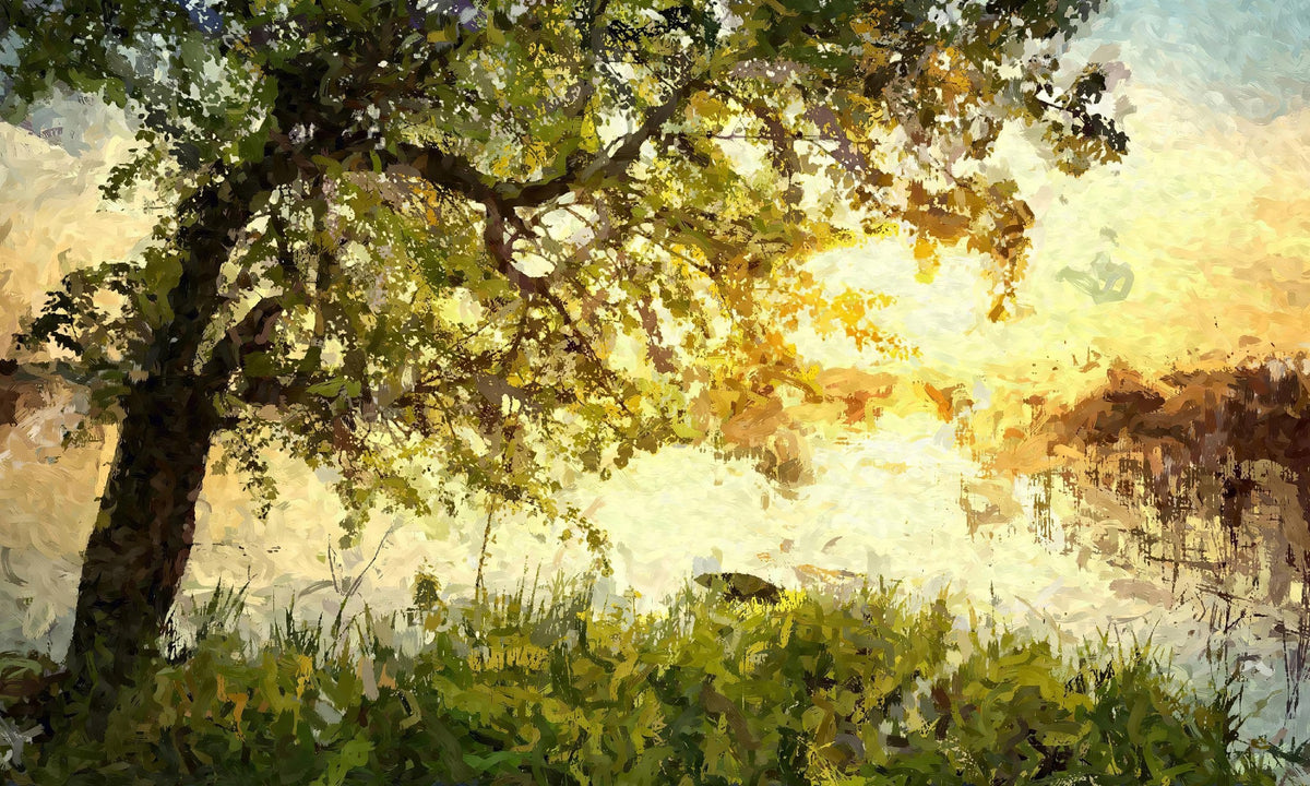 Cuadro cálido de paisaje con árbol - la obra