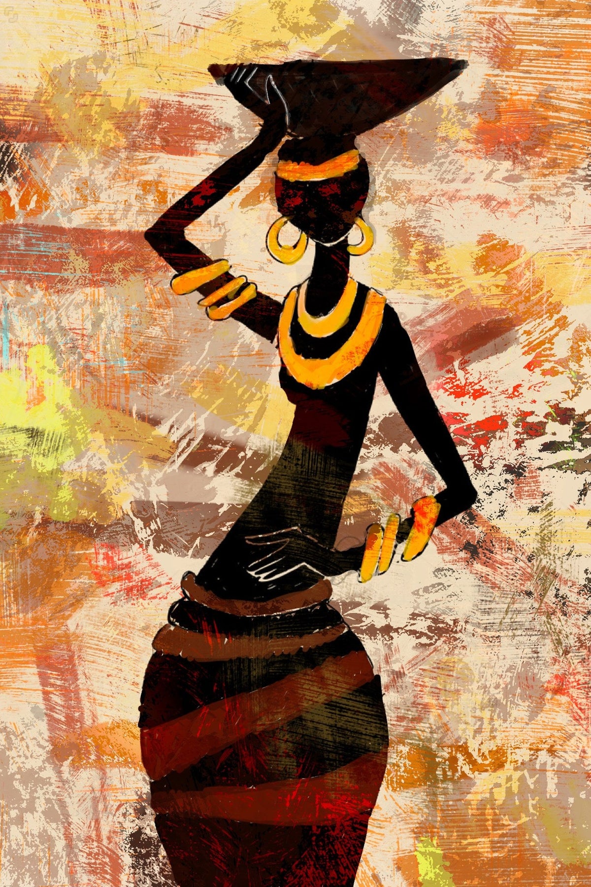 Mujer africana con vasija y abstracto - la obra