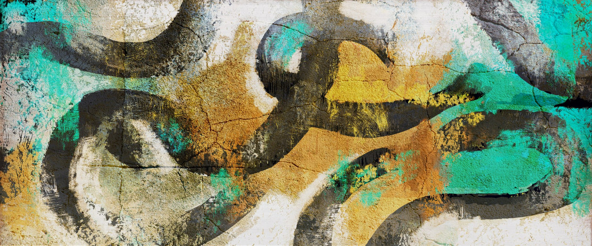 Cuadro abstracto grafismo ocre y turquesa - la obra
