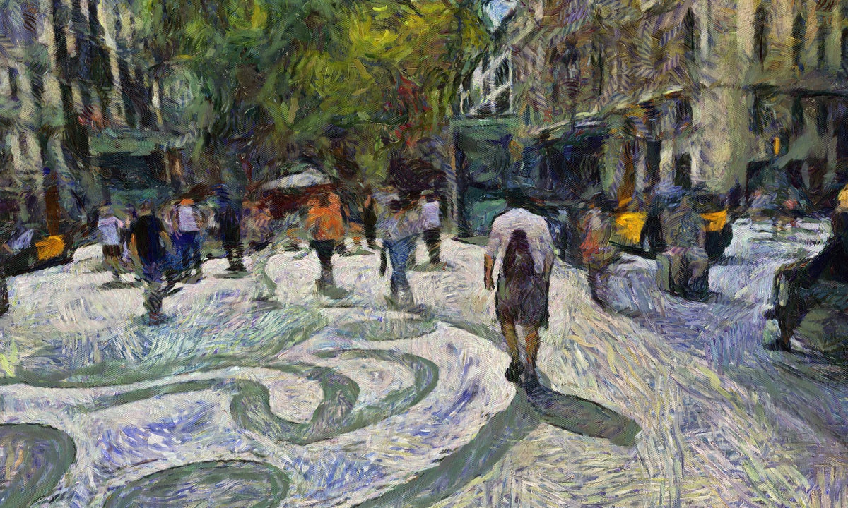 Ramblas de Barcelona con paseantes - la obra