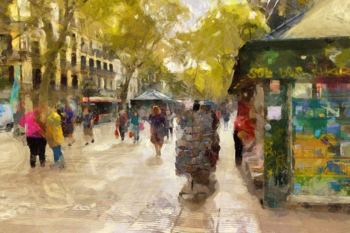 Ramblas de Barcelona con kiosco de prensa - la obra