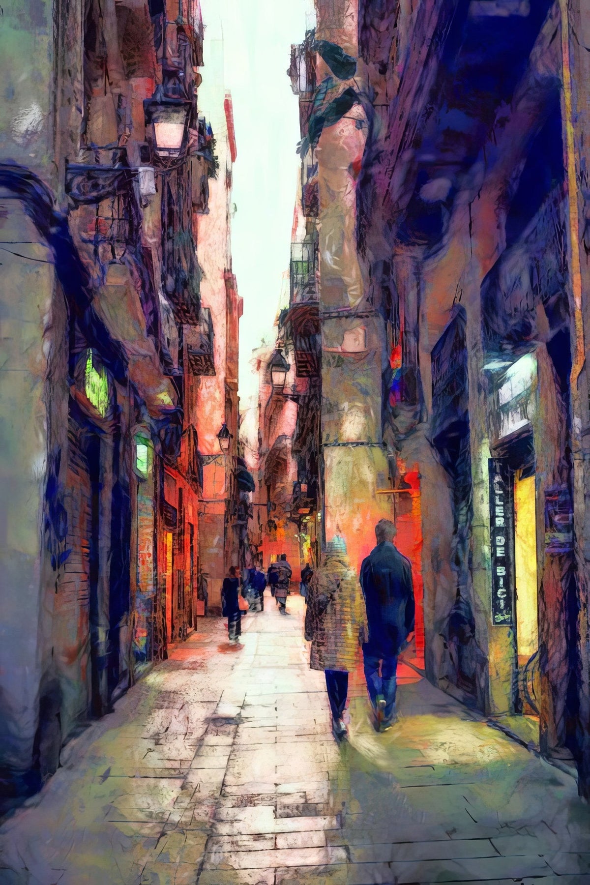 Barrio gótico de Barcelona con figuras - la obra