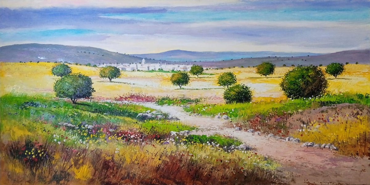 Paisaje campestre con flores y pueblo blanco - la obra