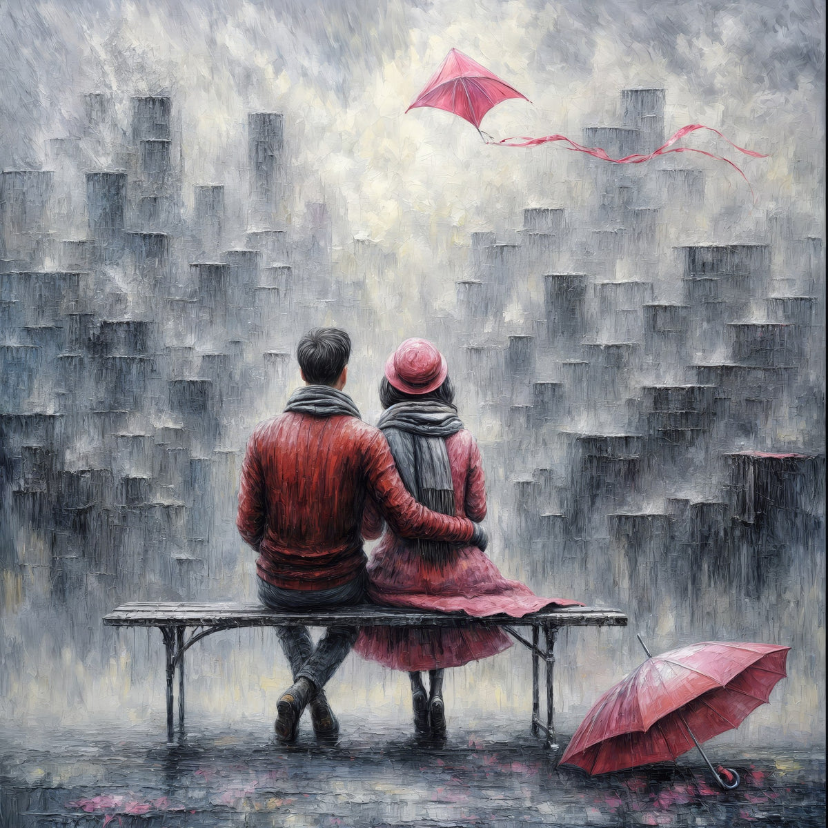 Cuadro de Pareja y Refugio en la Lluvia - la obra
