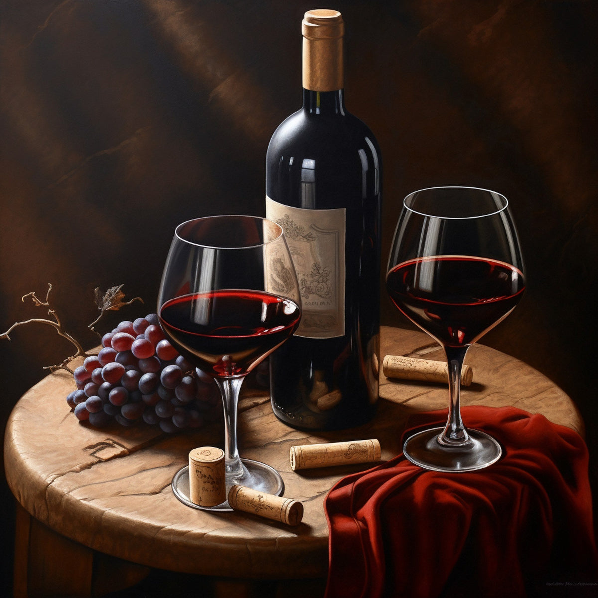Cuadro bodegón con copas de vino tinto - la obra