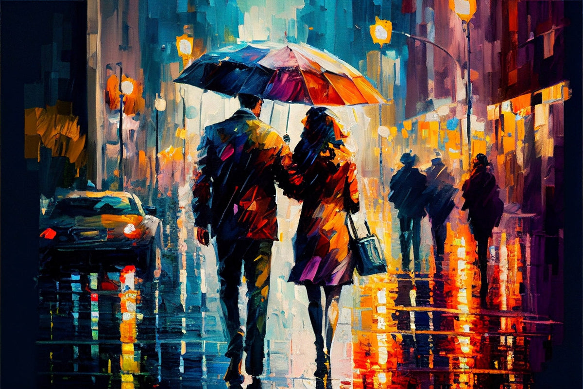 Cuadro escena urbana pareja y paraguas - la obra