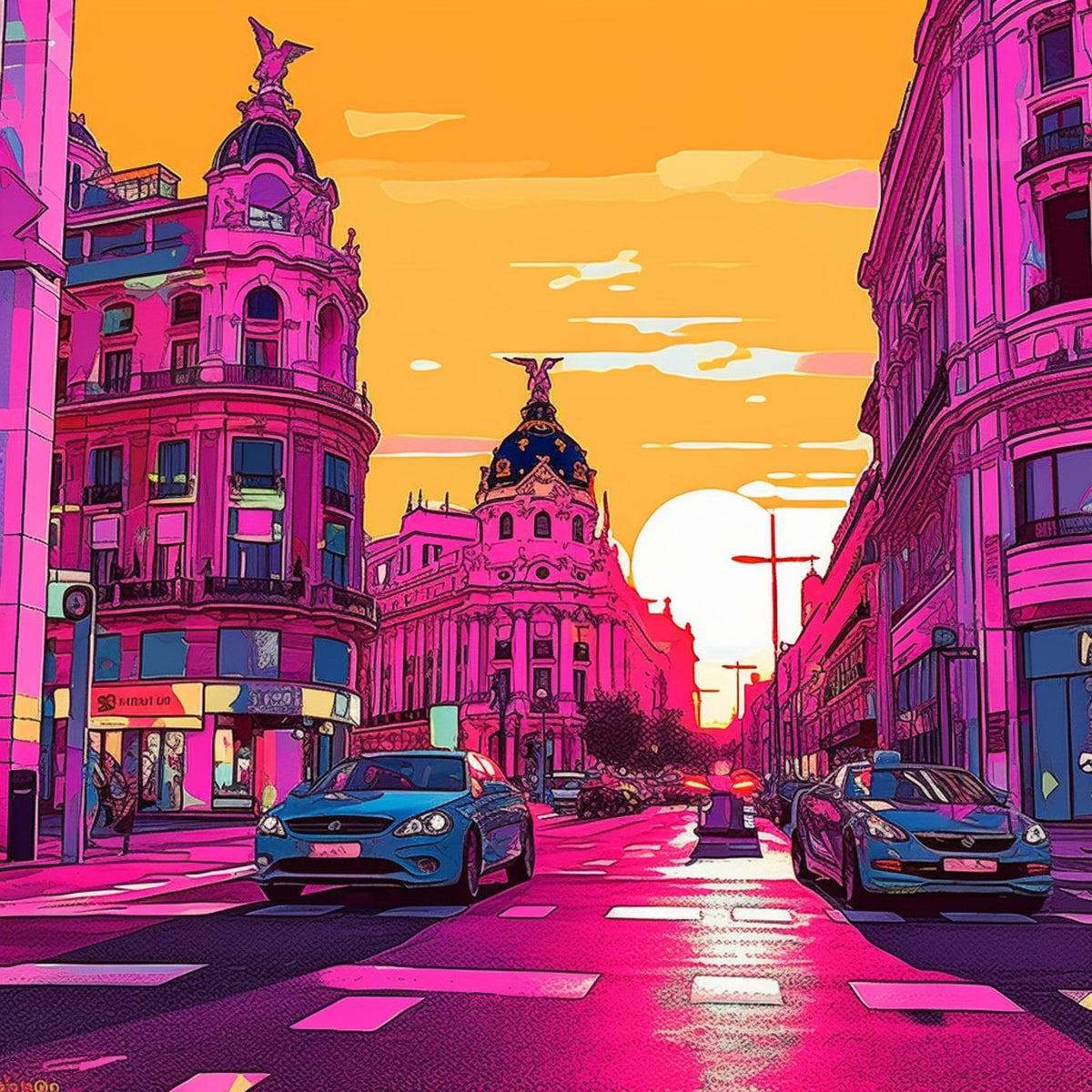 Madrid edificio metrópolis magenta y amarillo - la obra