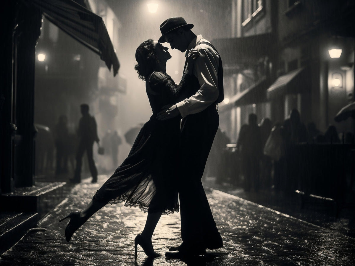 Cuadro de pareja de tango en blanco y negro - la obra