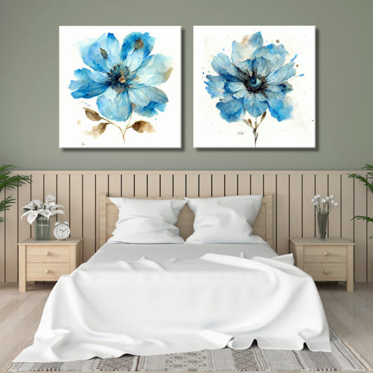 Pareja de cuadros de flores en tonos azules