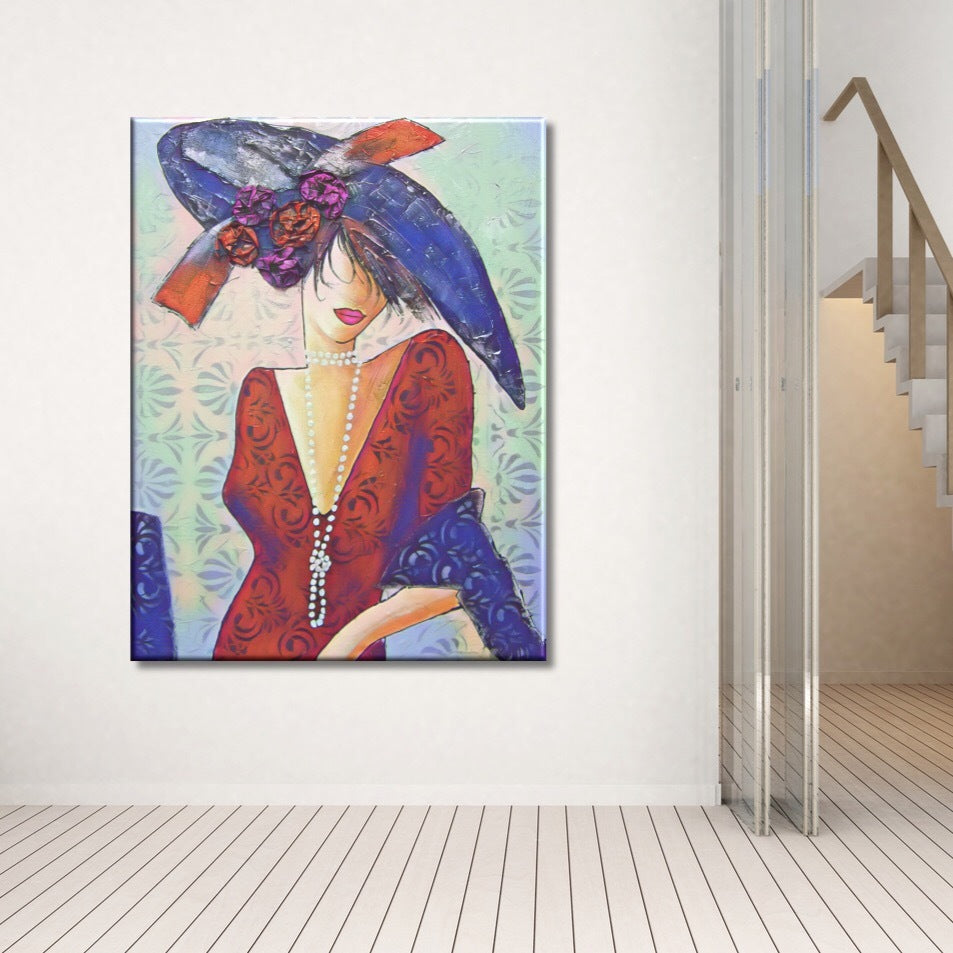 Cuadro dama en rojo con sombrero