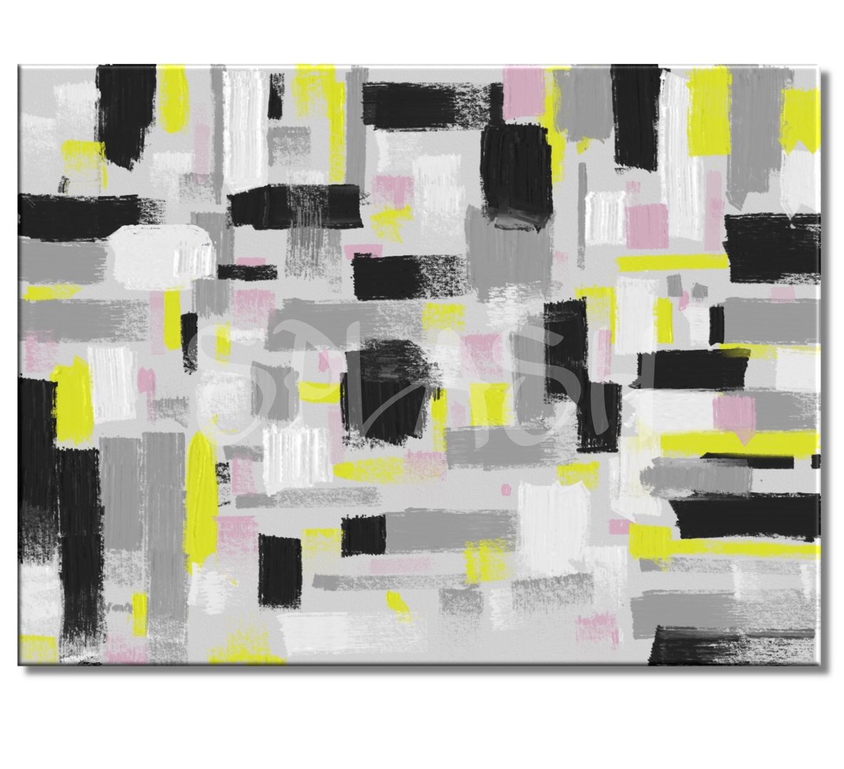 Cuadro abstracto amarillo sobre grises