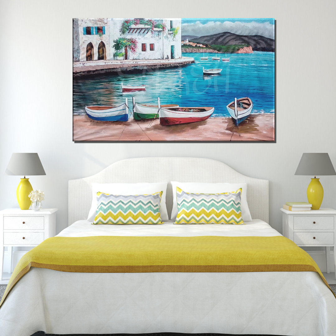 Cuadro de pueblo marinero con barcas