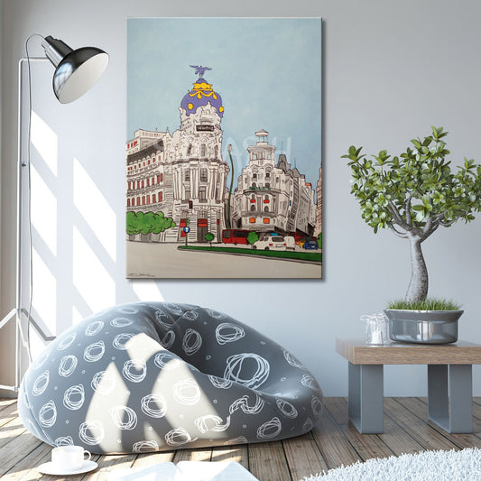 Cuadro edificio Metrópolis de Madrid cómic