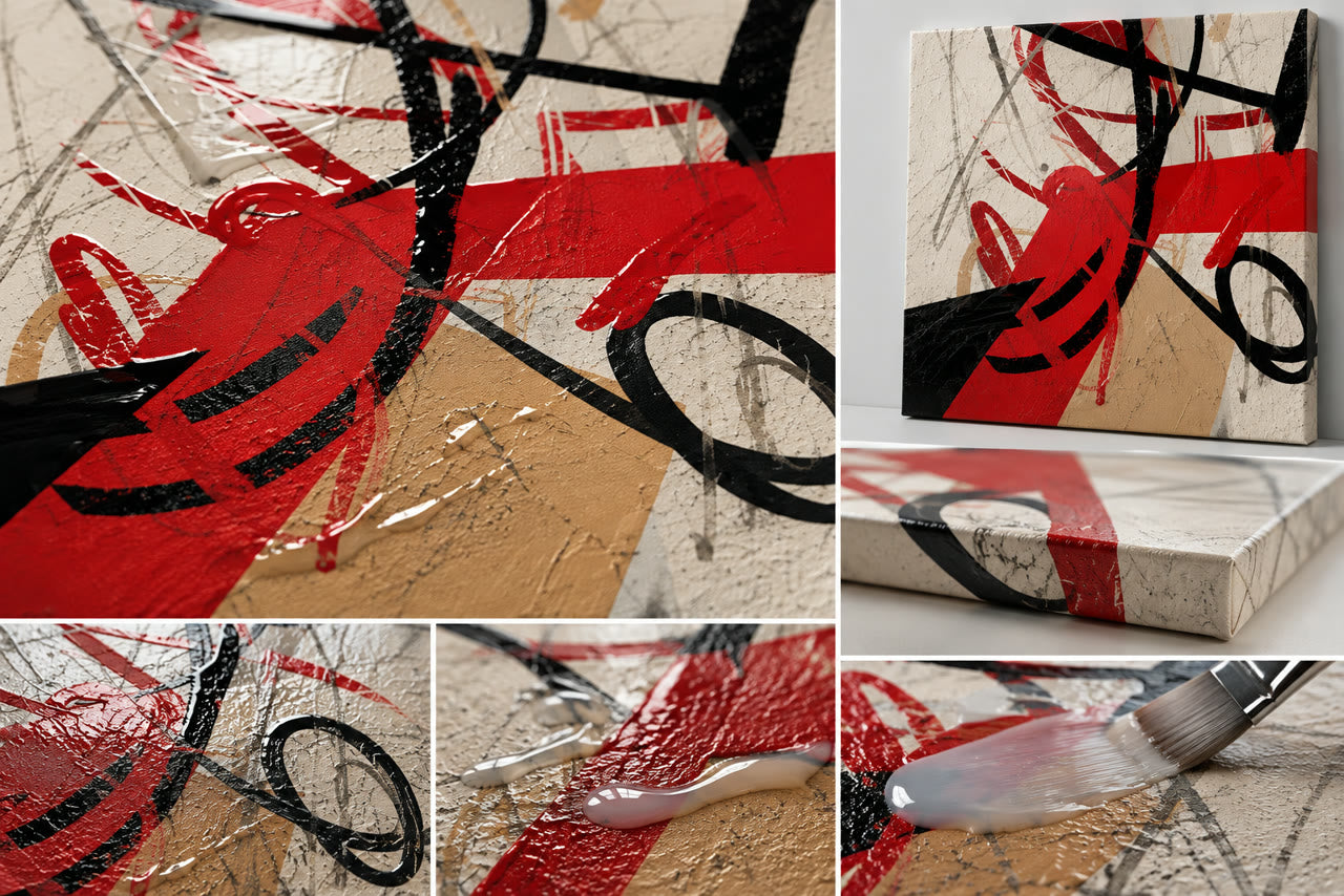 Lienzo abstracto rojo y negro con textura de gel aplicada a mano