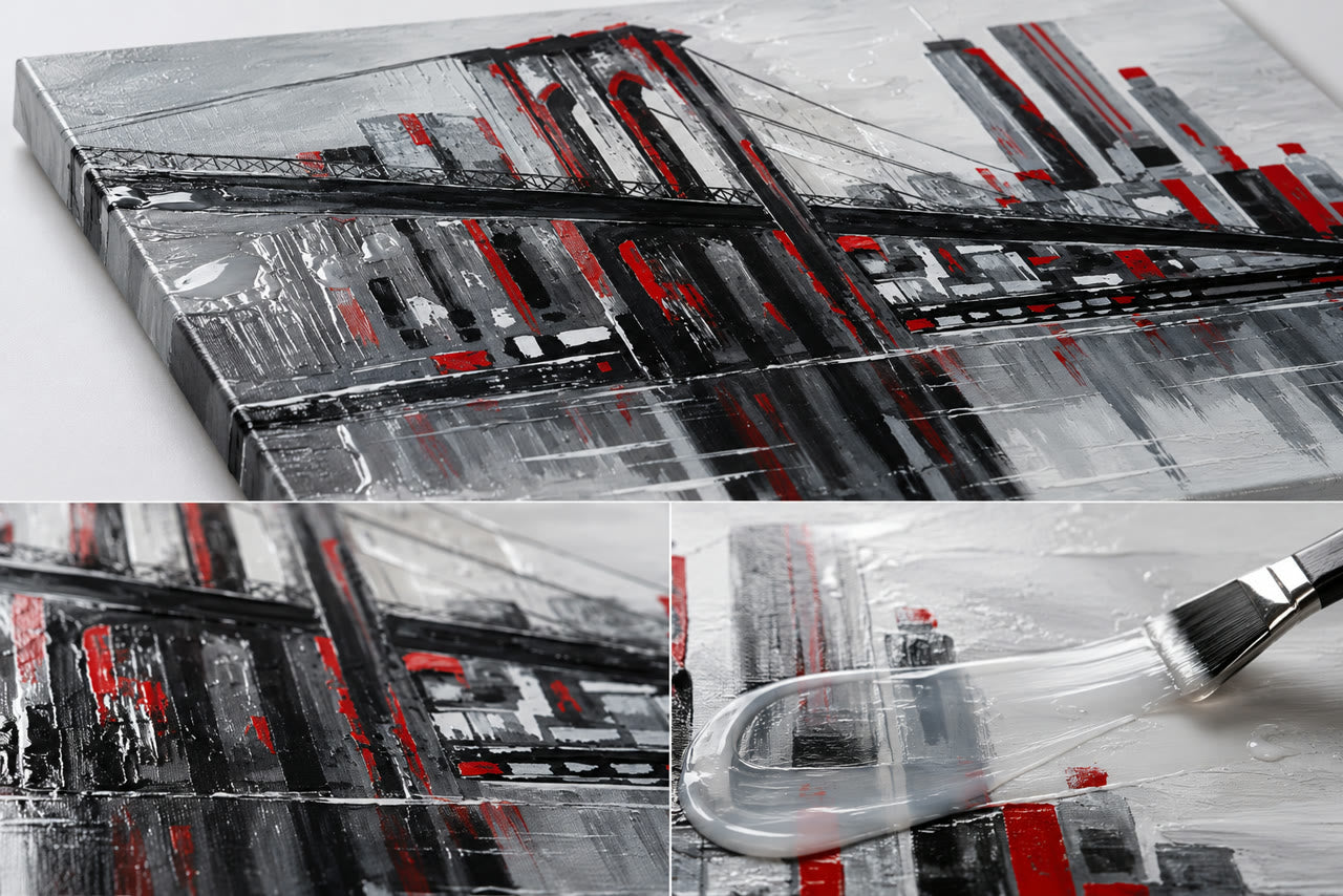 Lienzo abstracto urbano con pinceladas de gel transparente y relieve